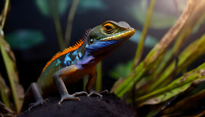 Naklejka premium Green lizard on a branch in nature
