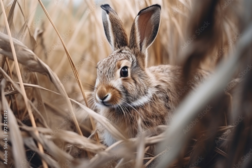 Poster A rabbit calmly sitting in a field of tall grass. Suitable for nature and animal-related projects