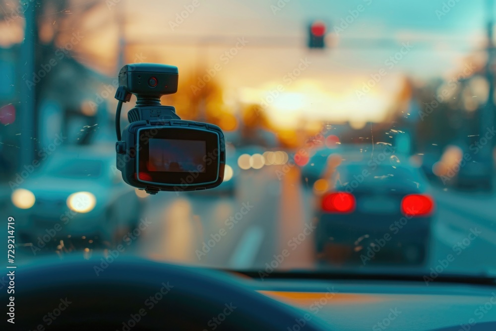 Poster A car with a dash camera attached to its windshield. Can be used for insurance claims or recording road trips