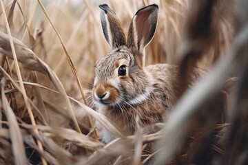 Fototapeta premium A rabbit calmly sitting in a field of tall grass. Suitable for nature and animal-related projects