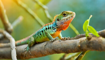 Green lizard on a branch in nature