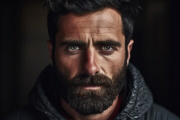 Obraz premium A close-up photograph of a man with a beard. This image can be used to depict masculinity, fashion, or grooming trends