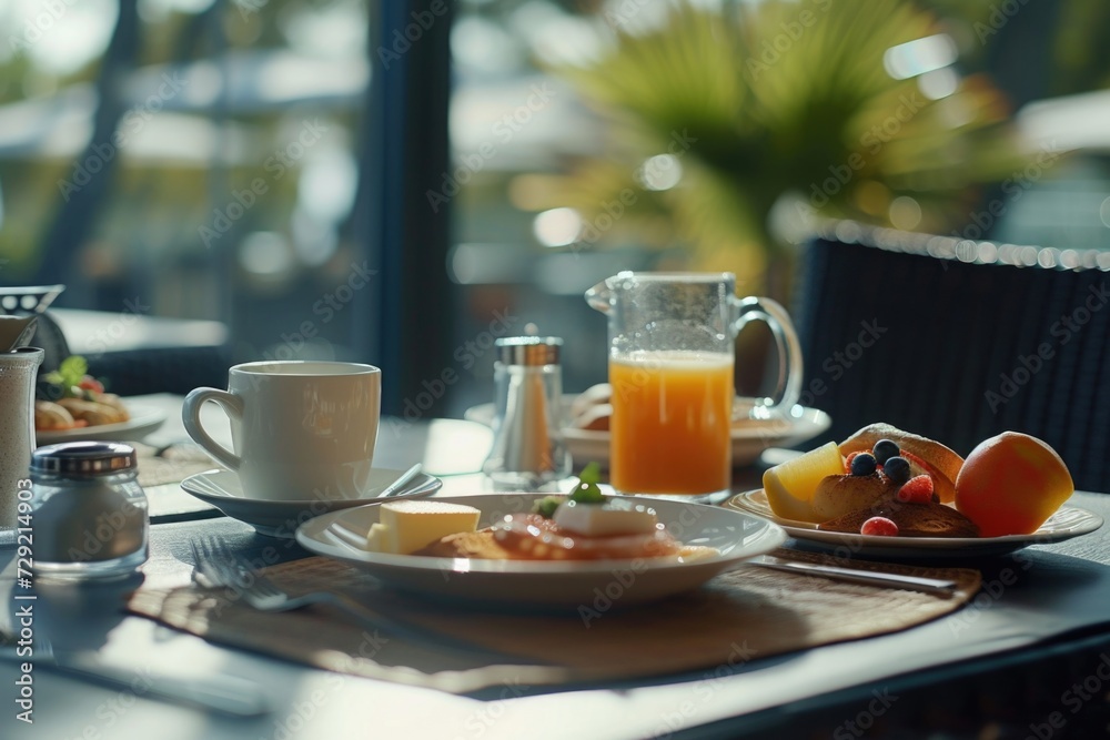 Poster a table set with a plate of food and a cup of orange juice. suitable for food and beverage related c