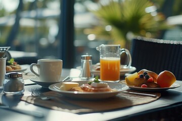 A table set with a plate of food and a cup of orange juice. Suitable for food and beverage related concepts