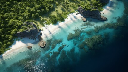 A breathtaking overhead shot of a pristine island paradise, characterized by palm-lined shores, secluded bays, and pristine stretches of white sand Generative AI