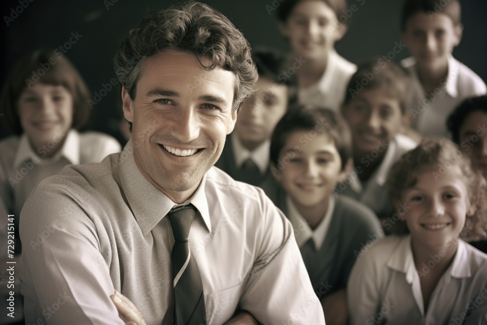 Poster a man wearing a tie standing in front of a group of children. suitable for business presentations or