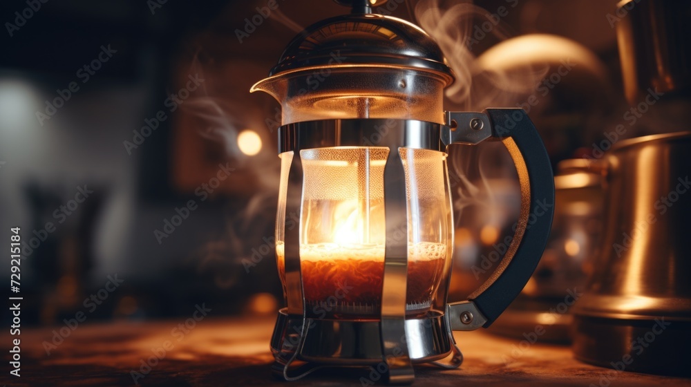 Poster glass coffee pot with a lit candle inside. perfect for adding a cozy atmosphere to any setting