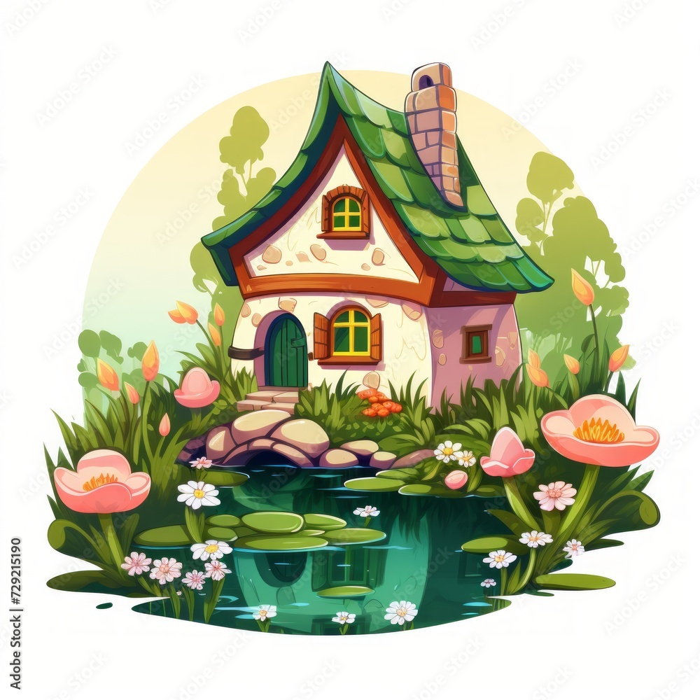 Poster a charming fairytale dwelling showcasing a tiny pond and a blossoming garden. generative ai