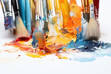 Obraz premium A collection of paint brushes placed on a clean white surface. This versatile image can be used for various creative projects