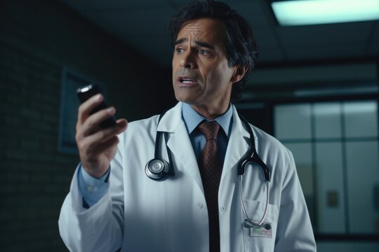 A man dressed in a lab coat is holding a cell phone. This image can be used to represent technology, communication, or scientific research