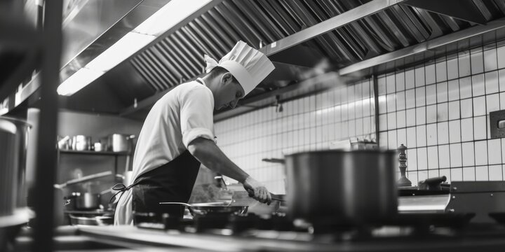 A man wearing a chef's hat is seen preparing food in a kitchen. This image can be used to depict cooking, culinary skills, or professional chefs in action