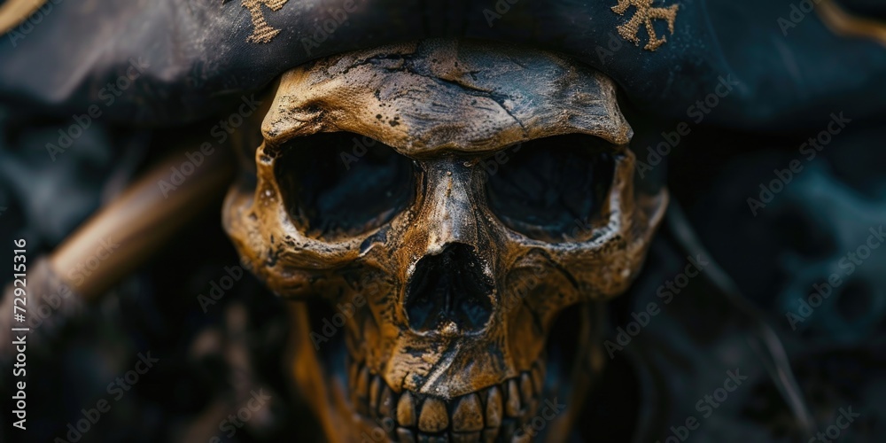 Poster A close up of a skull wearing a pirate hat. This image can be used for various purposes