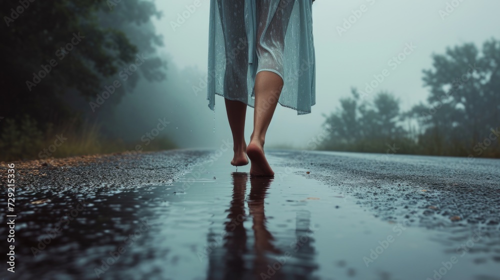 Poster a person walking in the rain with an umbrella. suitable for various rainy day concepts