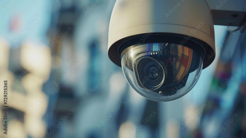 Aufkleber a detailed close-up shot of a camera mounted on a building. this image can be used to showcase surve