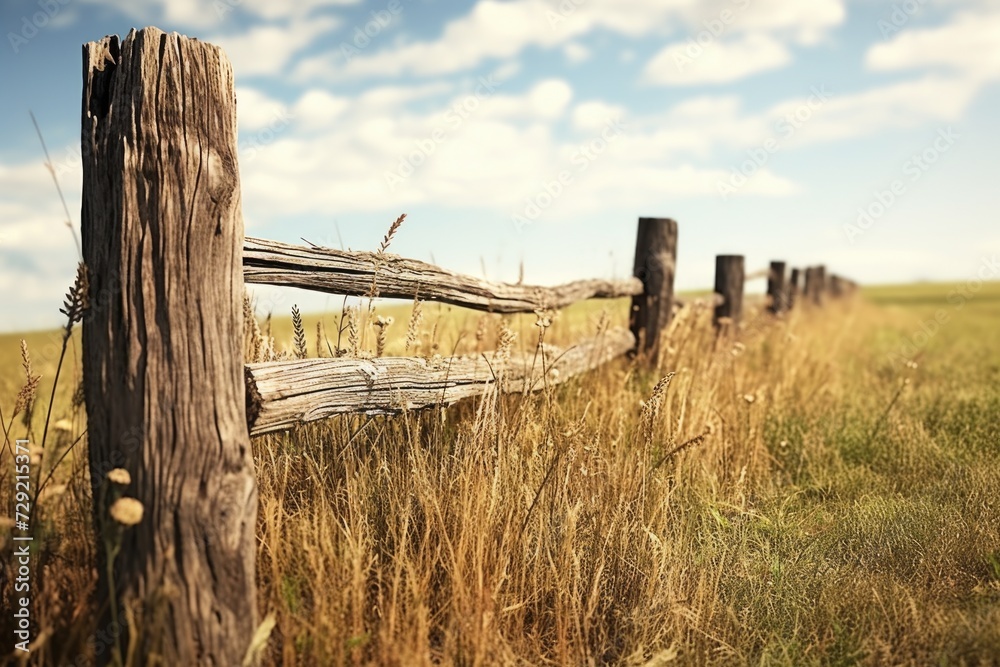 Poster a picture of a wooden fence standing in the middle of a field. suitable for various uses