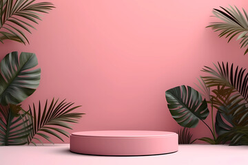 Horizontal pink background with round pedestal, tropical leaves for presentation of cosmetics or products. Delicate female template for demonstration