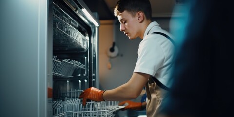 A man in a white shirt and orange gloves is inspecting a dishwasher. This image can be used to depict household chores or appliance maintenance
