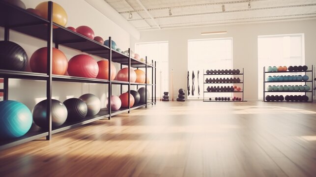 A picture of a gym room with a variety of exercise balls. This versatile image can be used to depict fitness, health, exercise, workouts, and gym environments