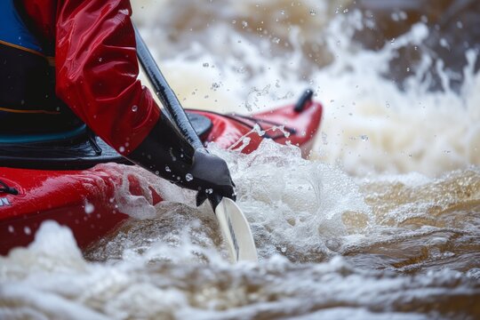 closeup of kayaker paddling furiously in foamy rapids