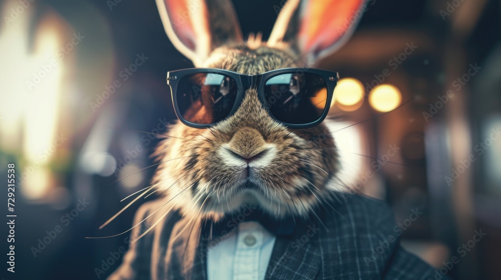 Poster a fashionable rabbit wearing sunglasses and a suit. perfect for adding a touch of sophistication to 