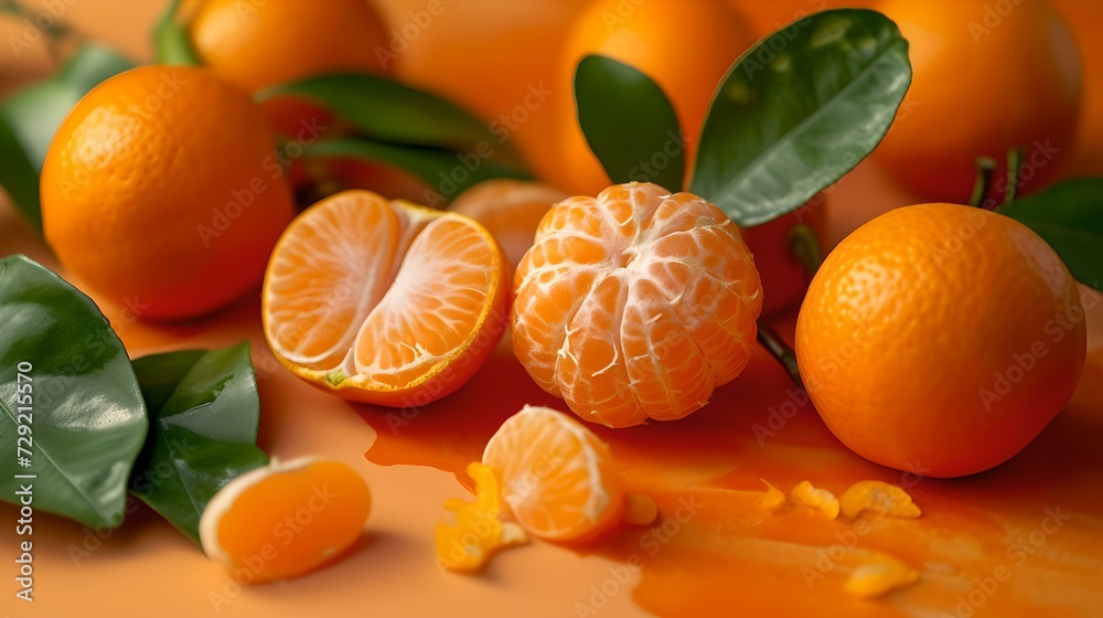 Poster Vibrant citrus display with fresh oranges and leaves. ideal for culinary uses and healthy lifestyle promotion. natural, bright, and appetizing image. AI