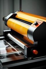 A detailed view of a machine placed on a table. Suitable for industrial, technology, or workplace concepts