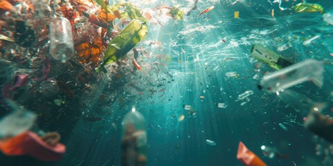 Plastic trash floating in the ocean. Suitable for environmental awareness campaigns