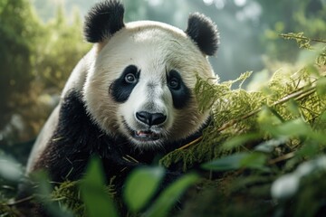 Close-up shot of a panda bear in its natural habitat, surrounded by trees. This image can be used...