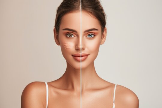 A comparison of a woman's face before and after retouching, highlighting the transformative power of editing. Ideal for showcasing the impact of retouching in the beauty industry