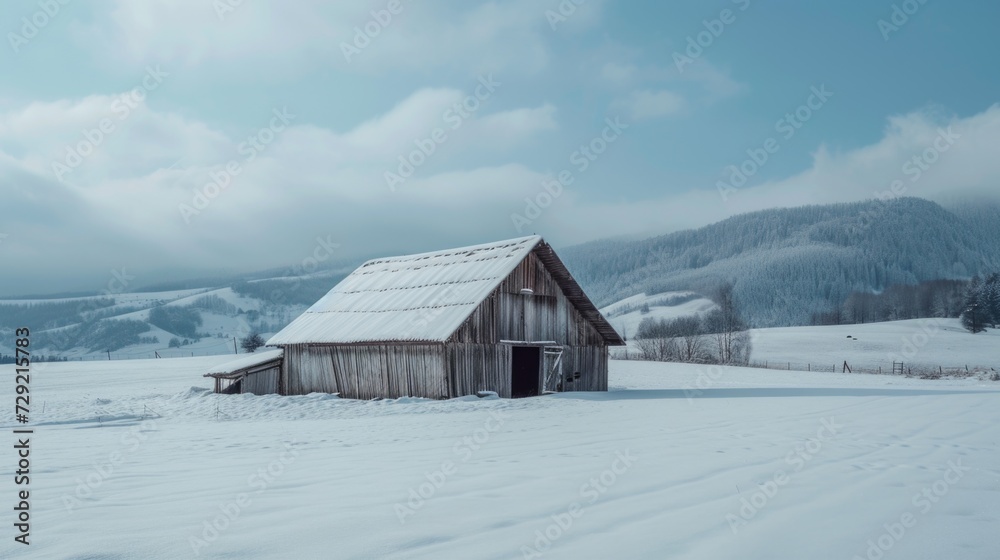 Poster a picturesque snow-covered field with a charming barn. perfect for winter-themed projects or rustic 