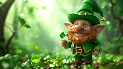 Leprechaun with clover leaves on a green background, St. Patrick's Day banner