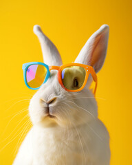 White bunny with colorful sun glasses  on a yellow bright background. Minimal Easter concept