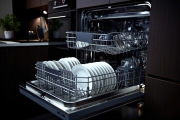 A dishwasher filled with dishes in a kitchen. Suitable for household and kitchen-related projects