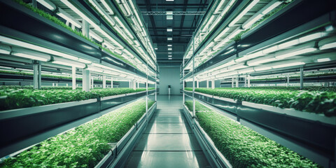 Obraz premium Agricultural greenhouse with hydroponic shelves, Hydroponics farm in building with high technology farming. Agricultural technology concept.