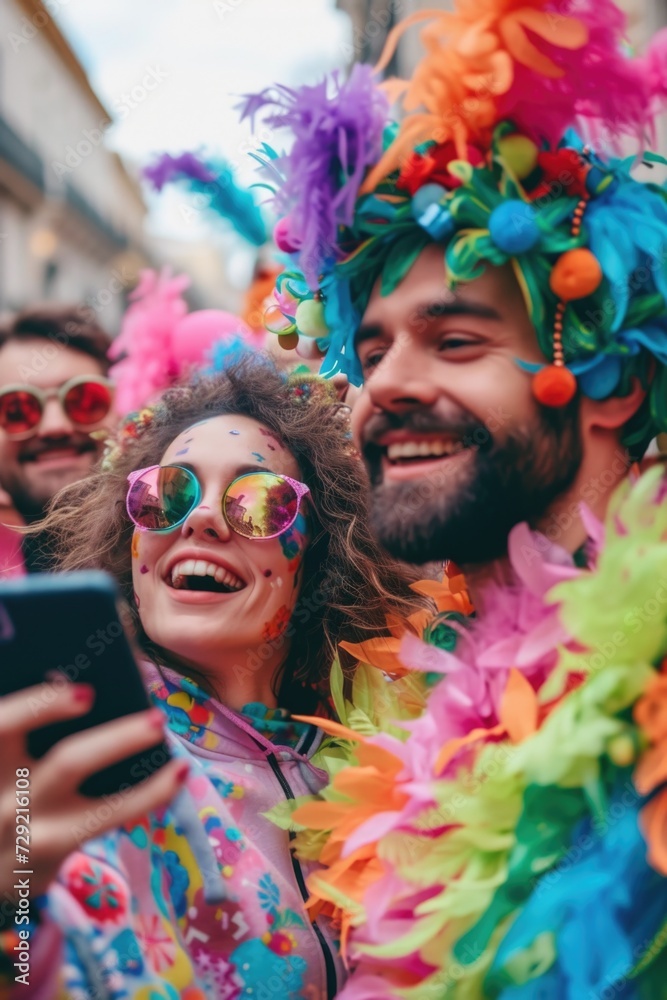 Aufkleber A picture of a group of people dressed up in vibrant and eye-catching costumes. Perfect for adding a touch of color and fun to any project or event