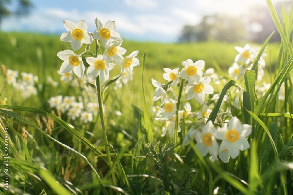 Poster a vibrant field filled with beautiful white and yellow flowers. perfect for nature enthusiasts or an