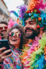 Obraz premium A picture of a group of people dressed up in vibrant and eye-catching costumes. Perfect for adding a touch of color and fun to any project or event