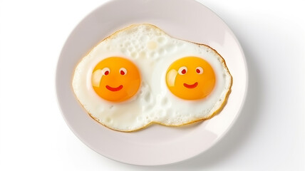 Funny scrambled eggs in a plate on a white background, funny character with a smile and eyes