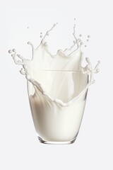 A glass of milk with a splash of milk. Suitable for advertisements or articles about dairy products