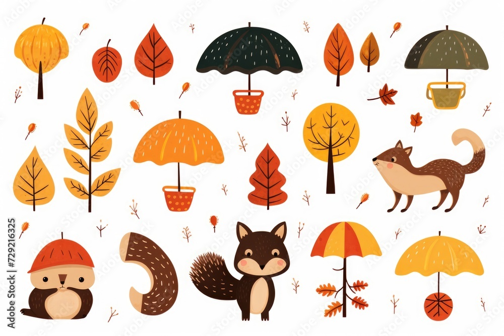 Poster a collection of autumn trees and animals. perfect for nature enthusiasts and seasonal projects
