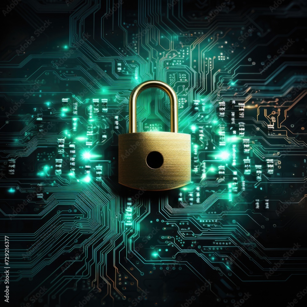 Aufkleber A close-up view of a padlock placed on top of a circuit board. This image can be used to represent cybersecurity, data protection, or technology security.