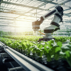 Agricultural technology Robotic arm harvesting hydroponic lettuce in a greenhouse, Smart farming concept.