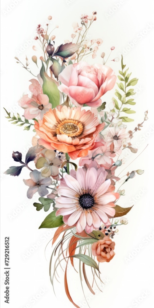 Poster a delightful bunch of fresh flowers gracefully arranged on a plain white backdrop, allowing room for
