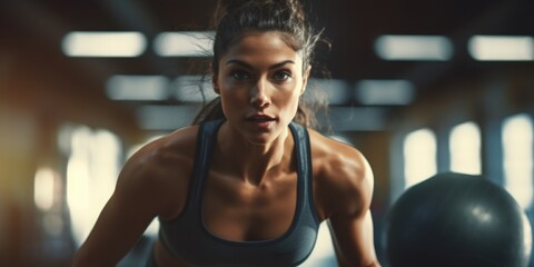 Woman performing push ups on a gym ball. Versatile image suitable for fitness and exercise concepts - obrazy, fototapety, plakaty