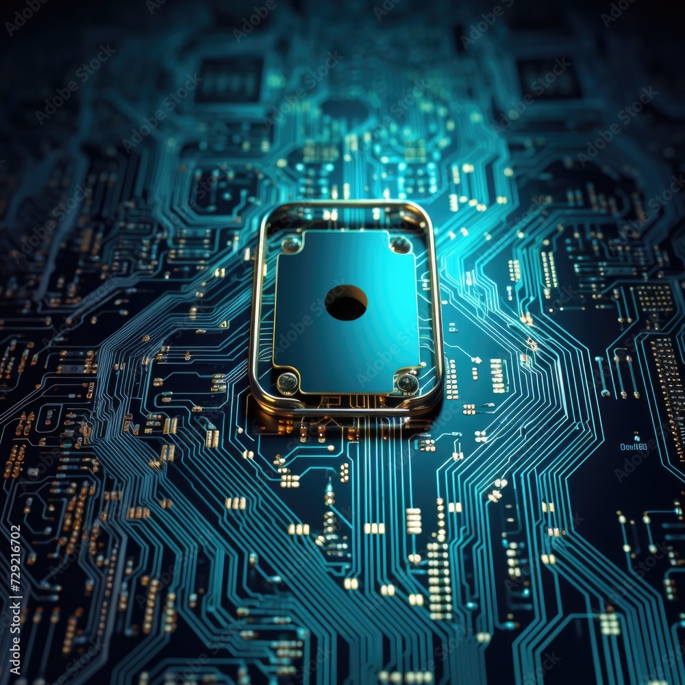 Aufkleber A detailed view of a computer chip on a printed circuit board. This image can be used to illustrate technology, electronics, or computer hardware concepts