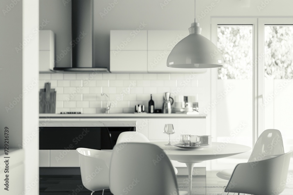 Poster a black and white photo of a table and chairs. suitable for various interior design concepts