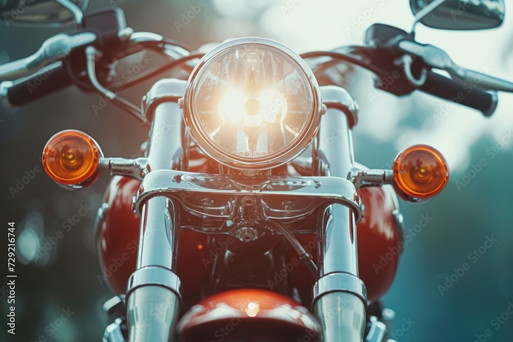 Poster a detailed close-up of a motorcycle's headlight. this image captures the intricate design and featur