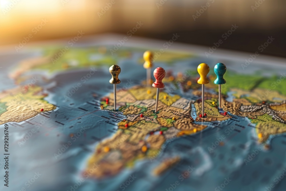 Poster a detailed close-up of a map with pins, perfect for travel or geographical concepts