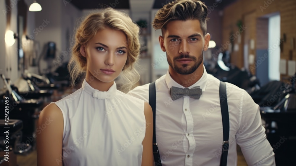 Poster a picture of a man and a woman standing side by side. suitable for various uses