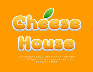 Vector stylish poster Cheese House.  Trendy Yellow Font. Artistic Alphabet Letters and Numbers.